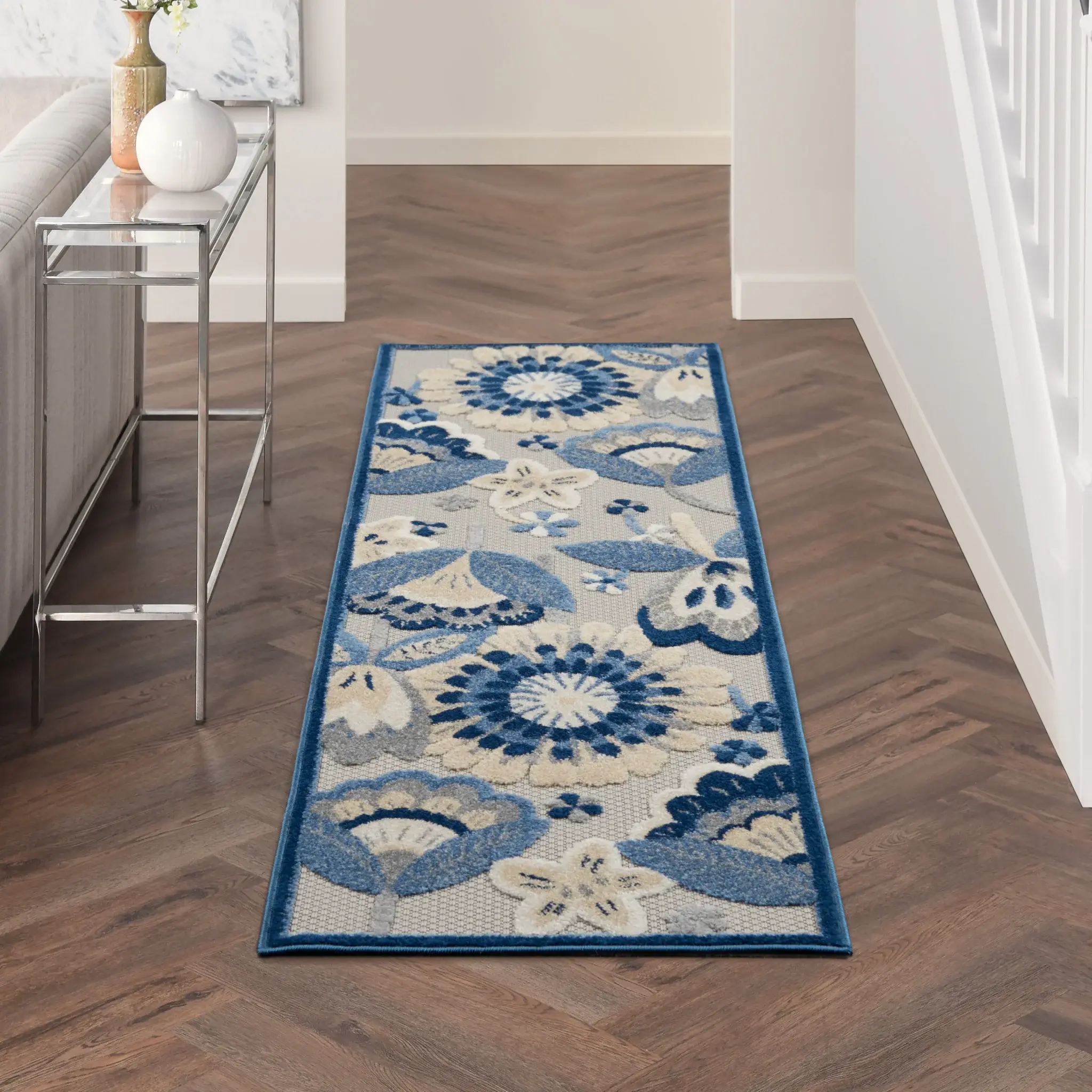 2' X 6' Blue And Grey Floral Non Skid Indoor Outdoor Runner Rug - Image 8