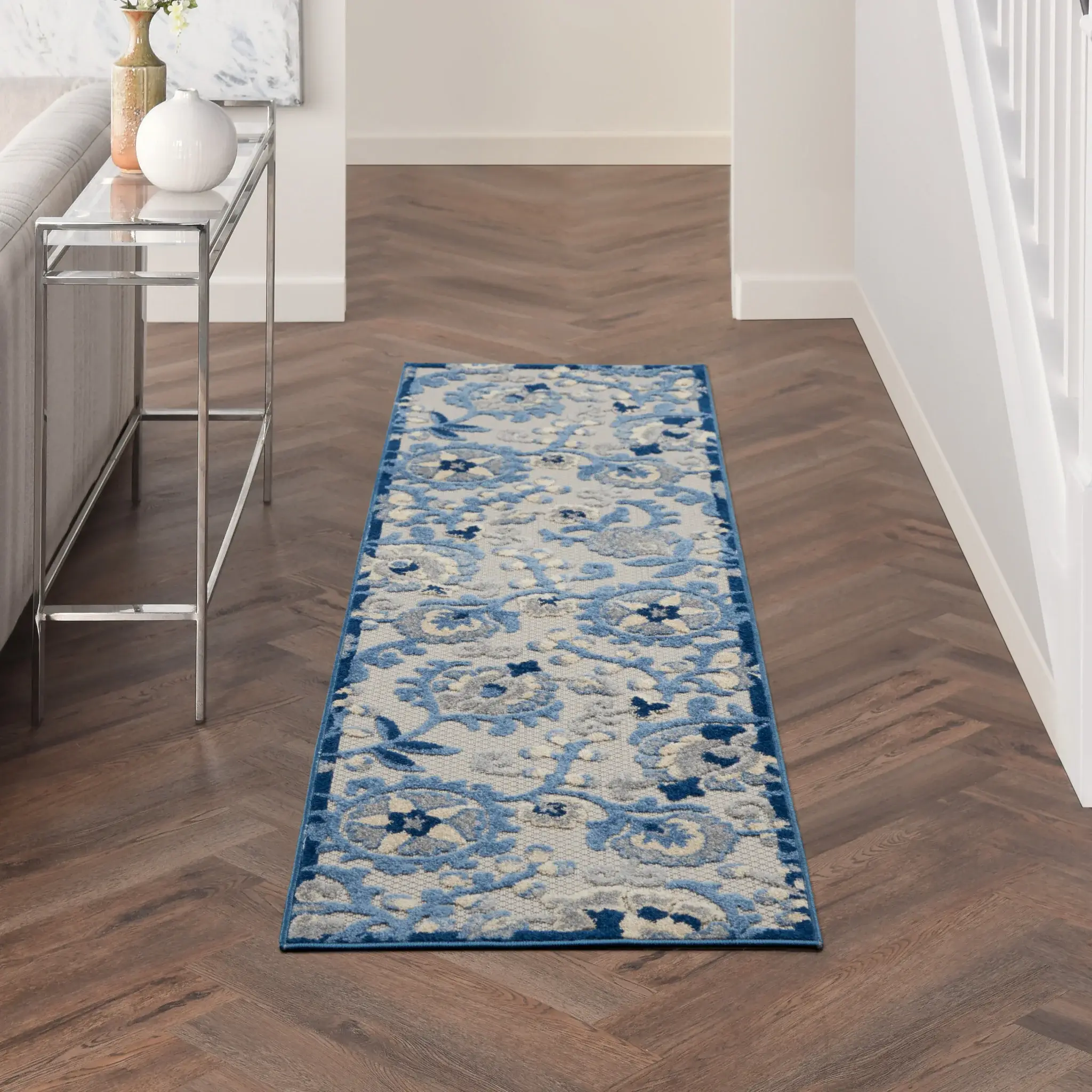 2' X 6' Blue And Grey Toile Non Skid Indoor Outdoor Runner Rug - Image 4