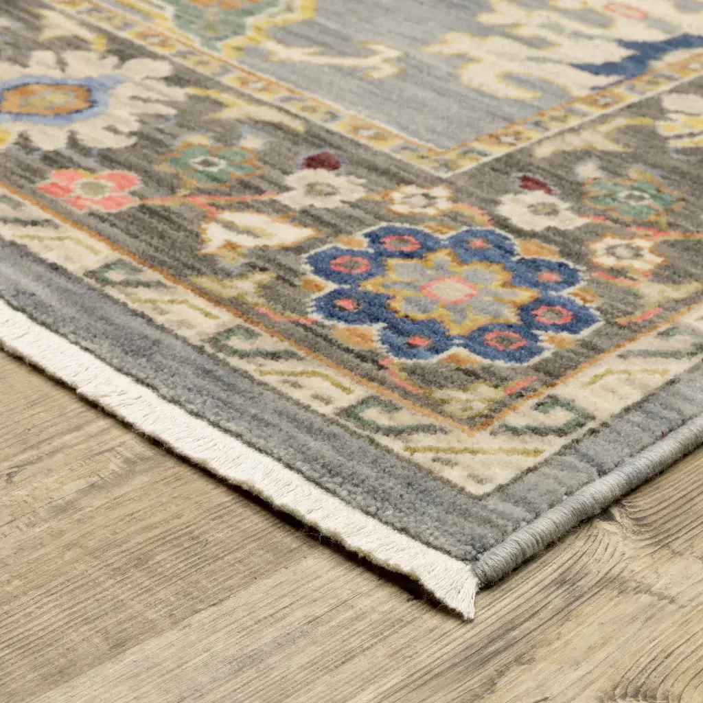 2' X 6' Blue Grey Gold Green Pink Orange Ivory And Red Oriental Power Loom Stain Resistant Runner Rug With Fringe - Image 3