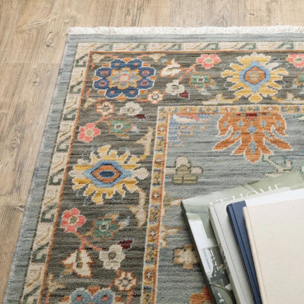 2' X 6' Blue Grey Gold Green Pink Orange Ivory And Red Oriental Power Loom Stain Resistant Runner Rug With Fringe - Image 4
