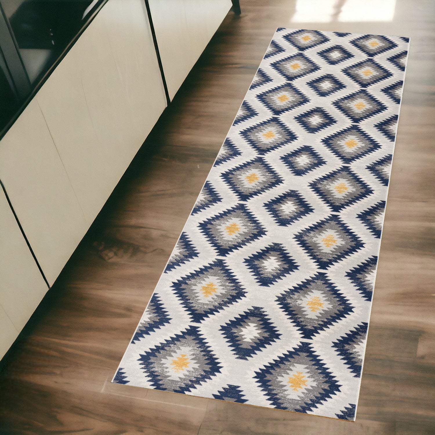 2' X 6' Blue Ikat Kilim Area Rug