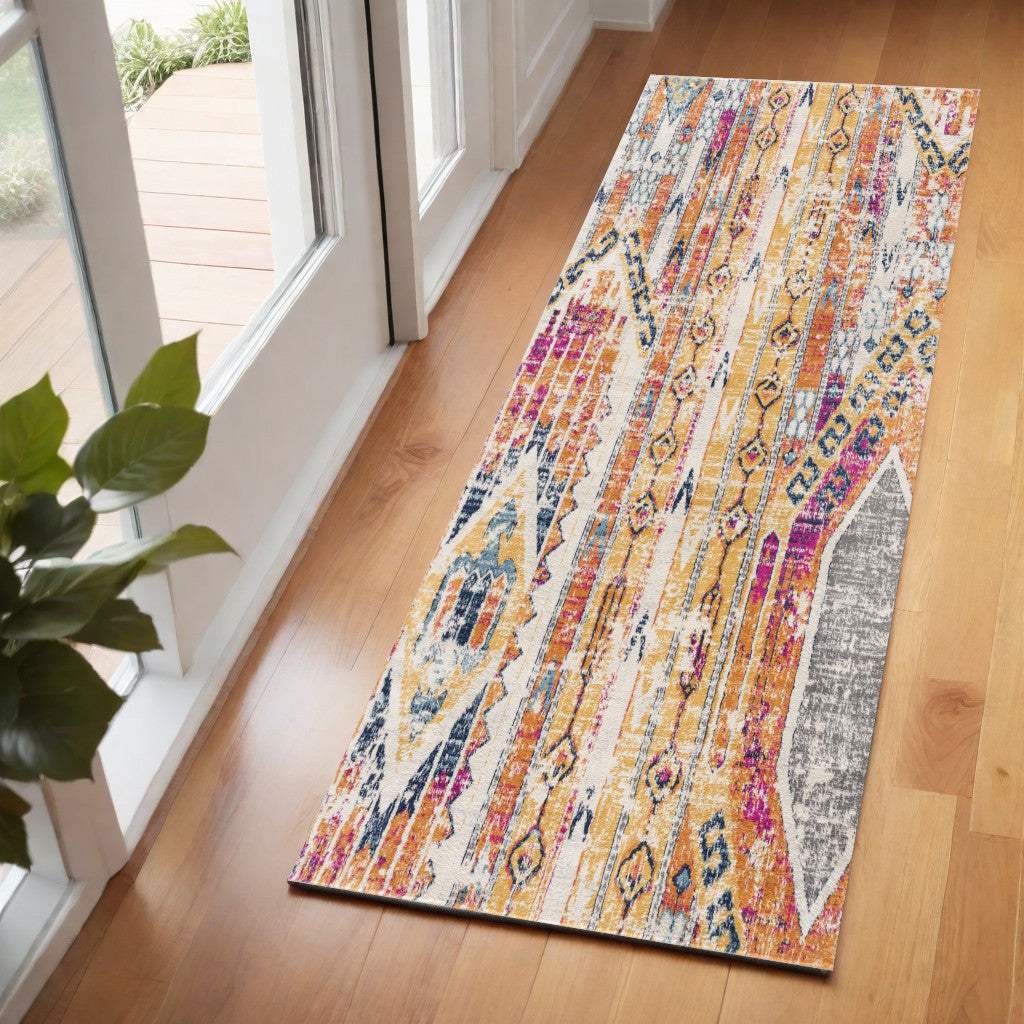 2' X 6' Gold And Ivory Southwestern Area Rug