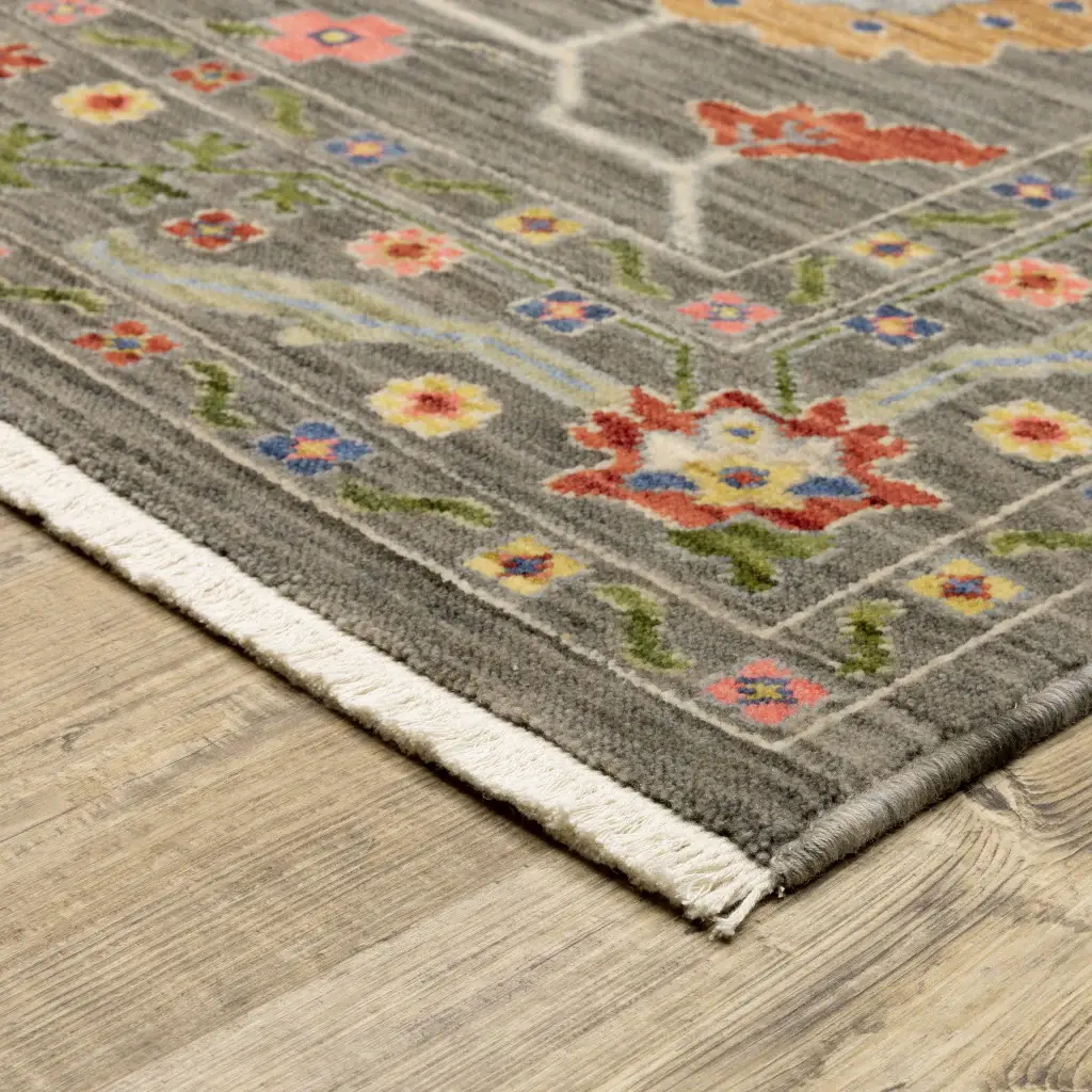 2' X 6' Grey Blue Pink Orange Rust Red Green And Ivory Oriental Power Loom Stain Resistant Runner Rug With Fringe - Image 3