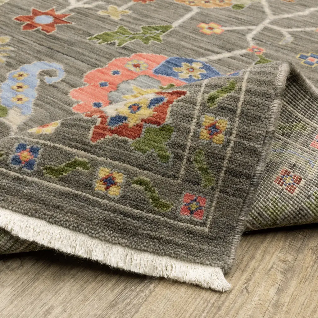 2' X 6' Grey Blue Pink Orange Rust Red Green And Ivory Oriental Power Loom Stain Resistant Runner Rug With Fringe - Image 5