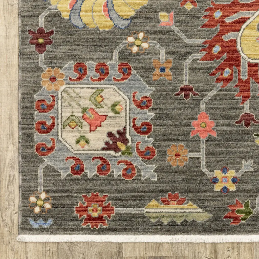 2' X 6' Grey Charcoal Yellow Blue Rust Red Pink Green And Ivory Oriental Power Loom Stain Resistant Runner Rug With Fringe - Image 3