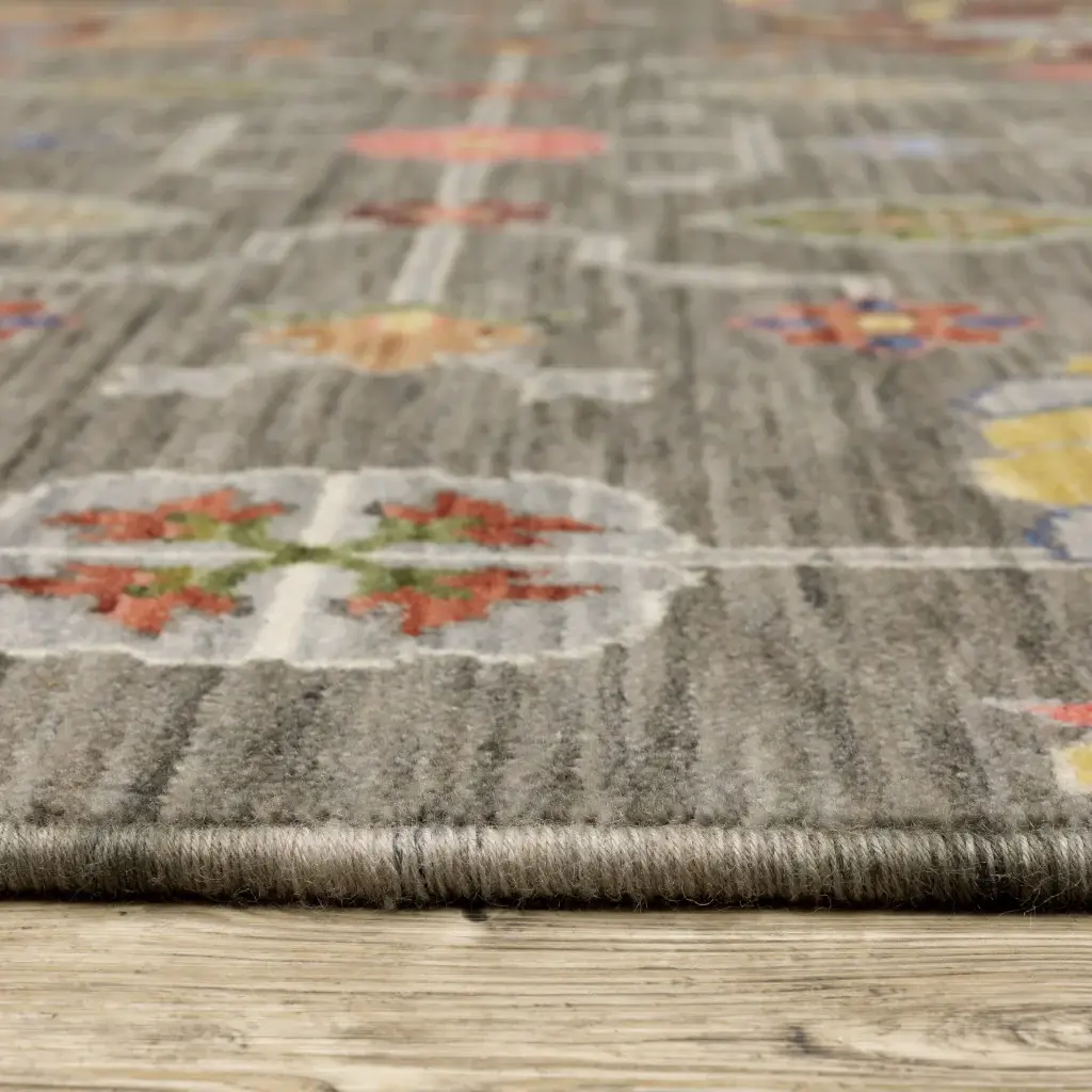2' X 6' Grey Charcoal Yellow Blue Rust Red Pink Green And Ivory Oriental Power Loom Stain Resistant Runner Rug With Fringe - Image 5