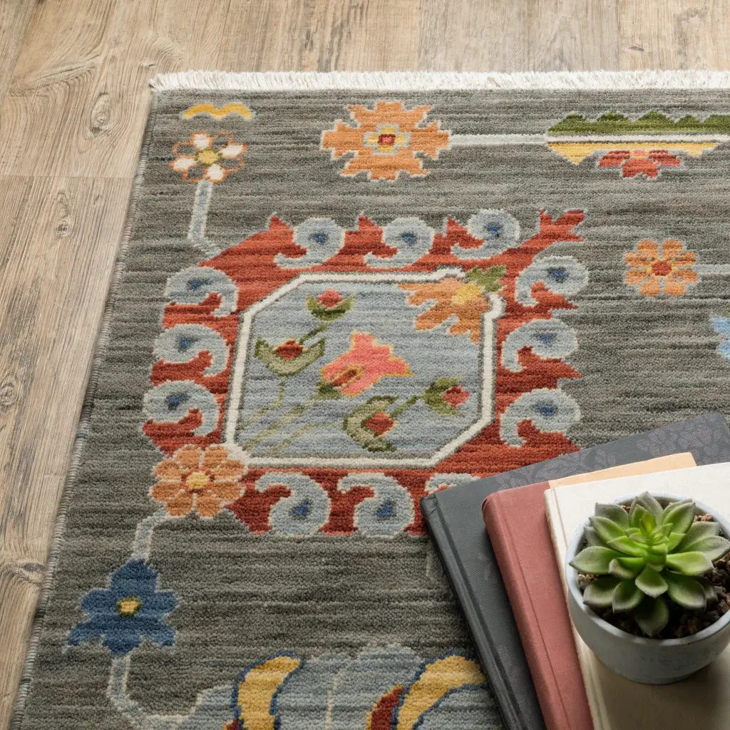 2' X 6' Grey Charcoal Yellow Blue Rust Red Pink Green And Ivory Oriental Power Loom Stain Resistant Runner Rug With Fringe - Image 6