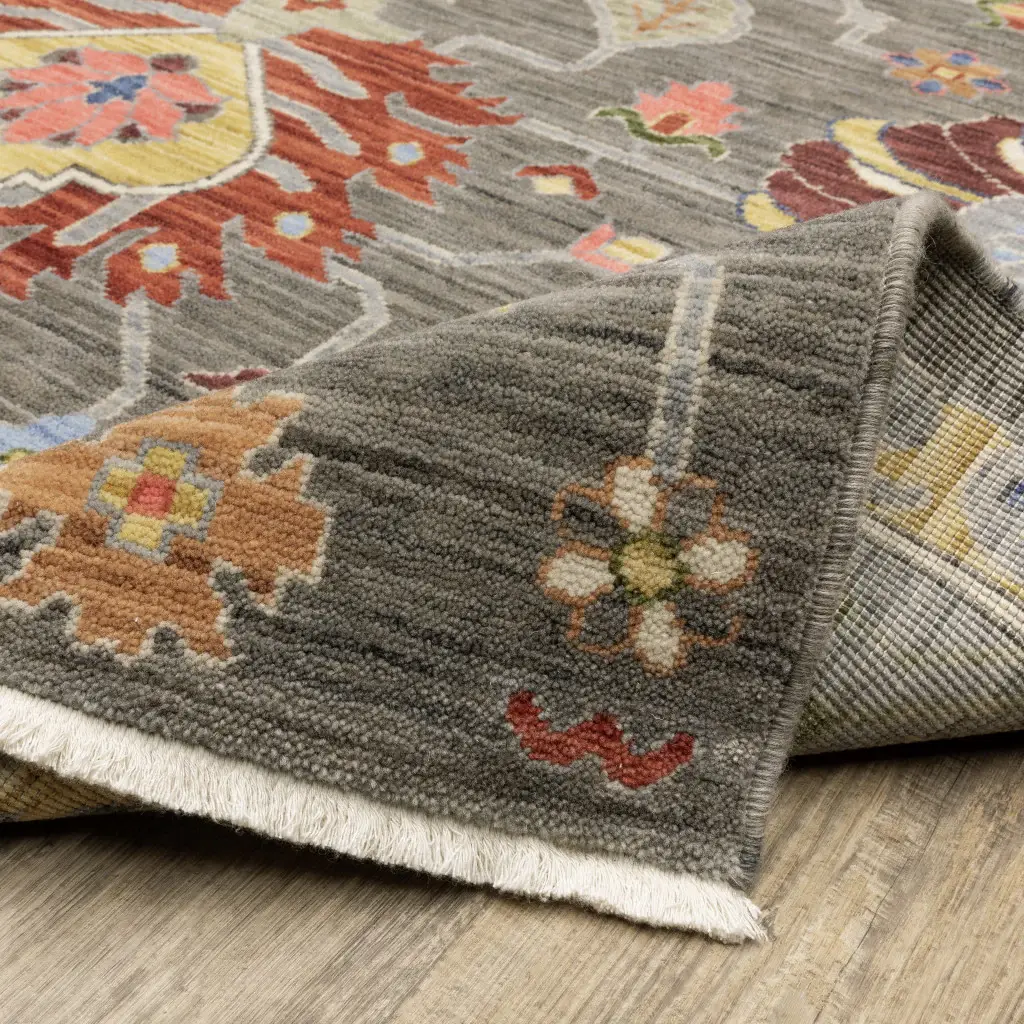 2' X 6' Grey Charcoal Yellow Blue Rust Red Pink Green And Ivory Oriental Power Loom Stain Resistant Runner Rug With Fringe - Image 7