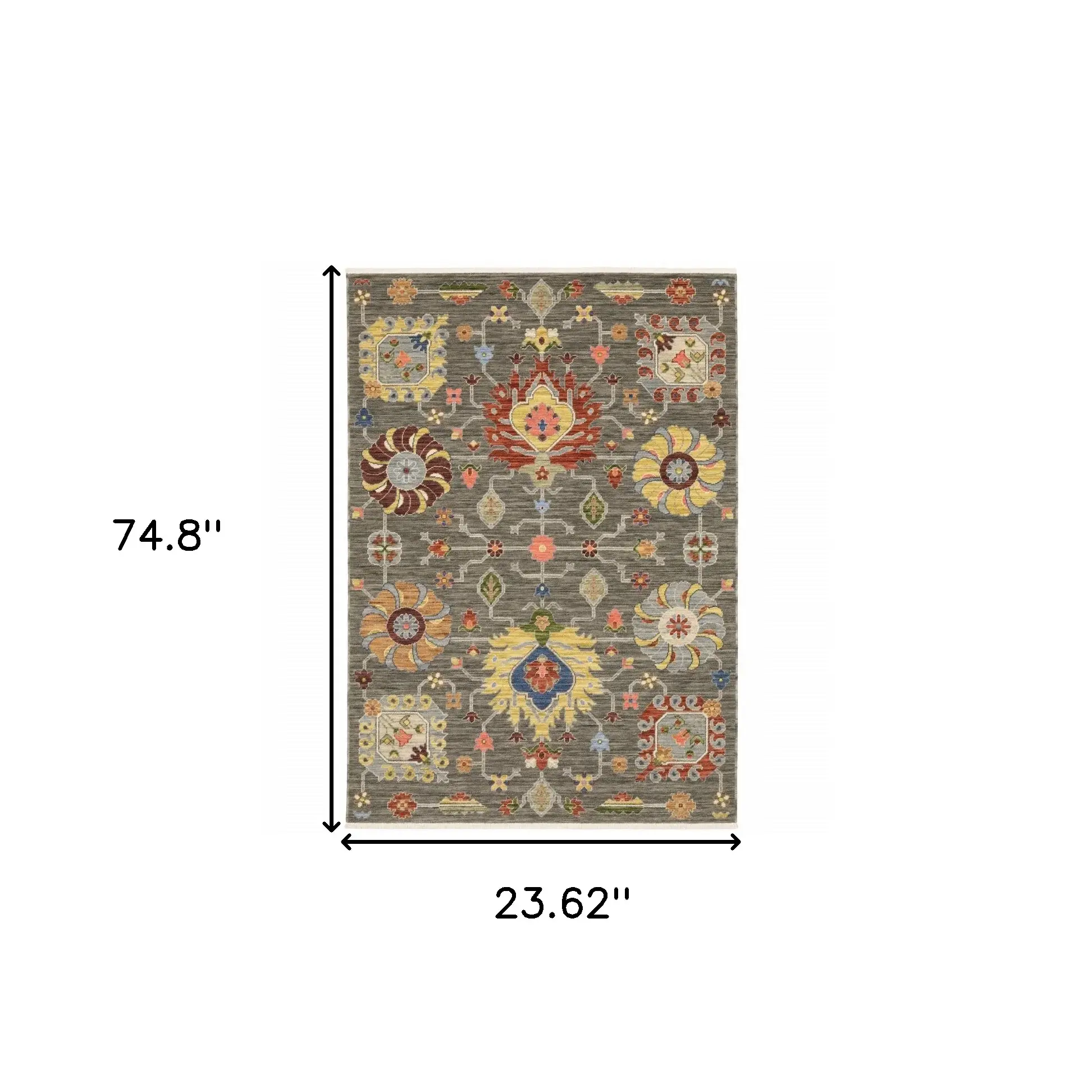 2' X 6' Grey Charcoal Yellow Blue Rust Red Pink Green And Ivory Oriental Power Loom Stain Resistant Runner Rug With Fringe - Image 8
