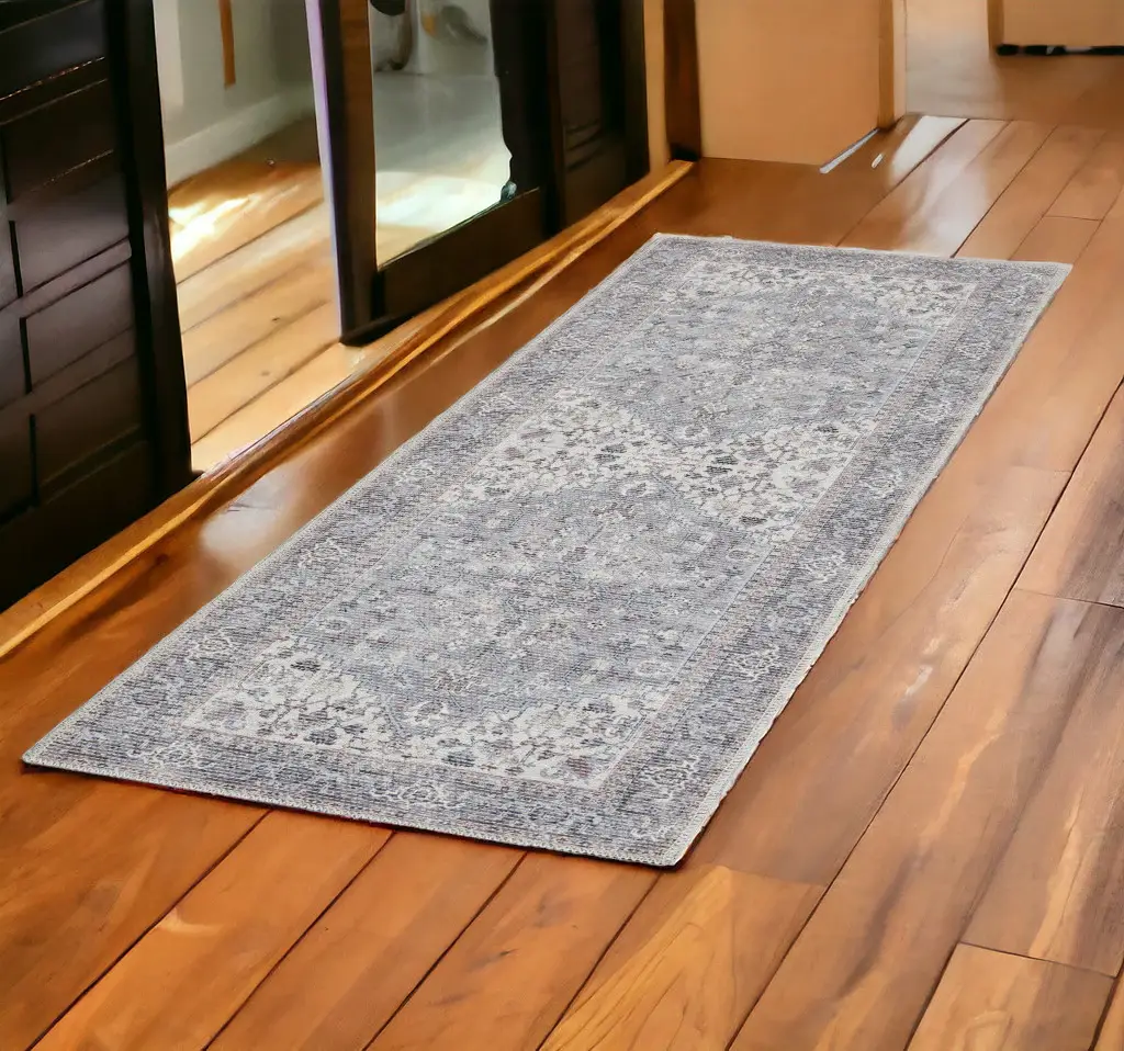2' X 6' Grey Oriental Power Loom Distressed Washable Runner Rug - Image 2