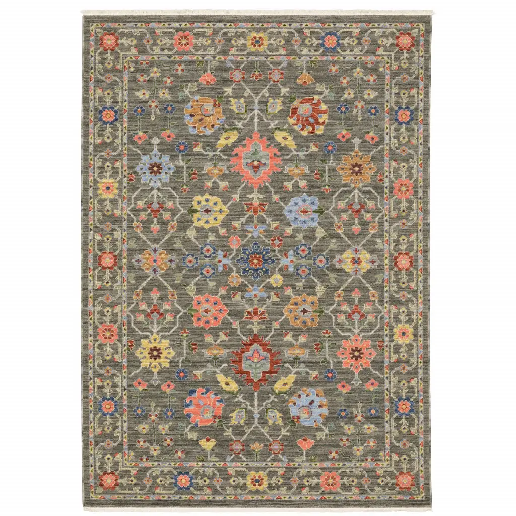 2' X 6' Grey Salmon Pink Gold Blue Rust Deep Blue Ivory And Green Oriental Power Loom Stain Resistant Runner Rug With Fringe - Image 2