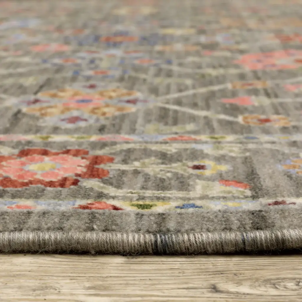 2' X 6' Grey Salmon Pink Gold Blue Rust Deep Blue Ivory And Green Oriental Power Loom Stain Resistant Runner Rug With Fringe - Image 4