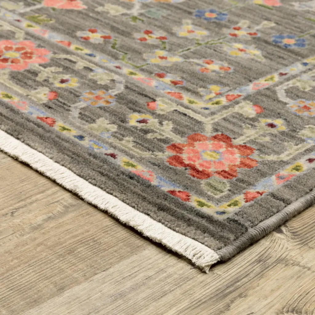 2' X 6' Grey Salmon Pink Gold Blue Rust Deep Blue Ivory And Green Oriental Power Loom Stain Resistant Runner Rug With Fringe - Image 6