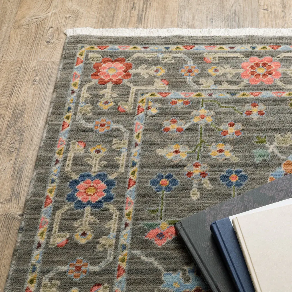 2' X 6' Grey Salmon Pink Gold Blue Rust Deep Blue Ivory And Green Oriental Power Loom Stain Resistant Runner Rug With Fringe - Image 7