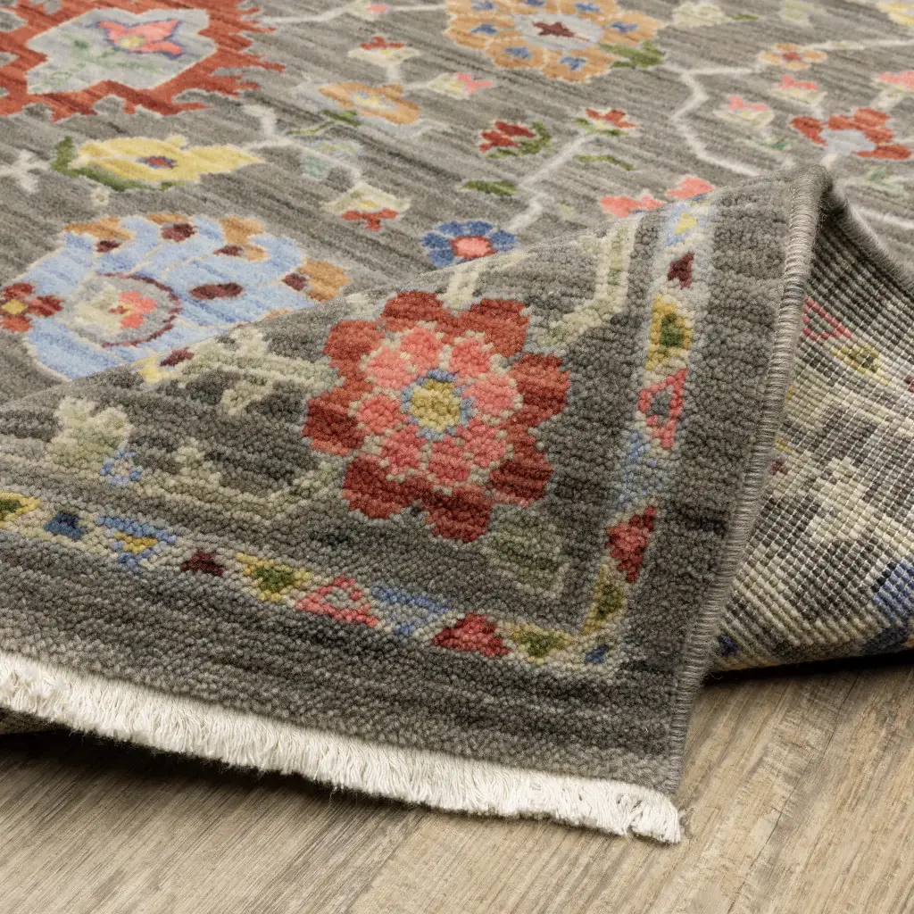 2' X 6' Grey Salmon Pink Gold Blue Rust Deep Blue Ivory And Green Oriental Power Loom Stain Resistant Runner Rug With Fringe - Image 8