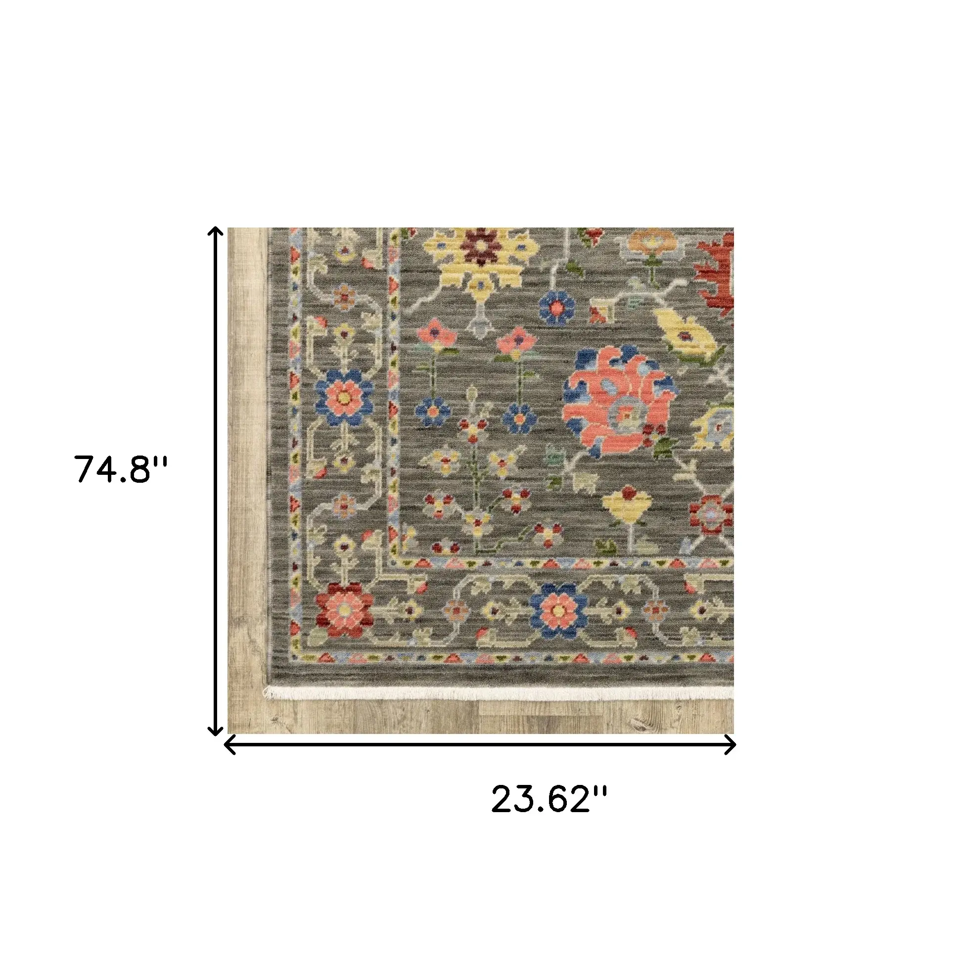 2' X 6' Grey Salmon Pink Gold Blue Rust Deep Blue Ivory And Green Oriental Power Loom Stain Resistant Runner Rug With Fringe - Image 9