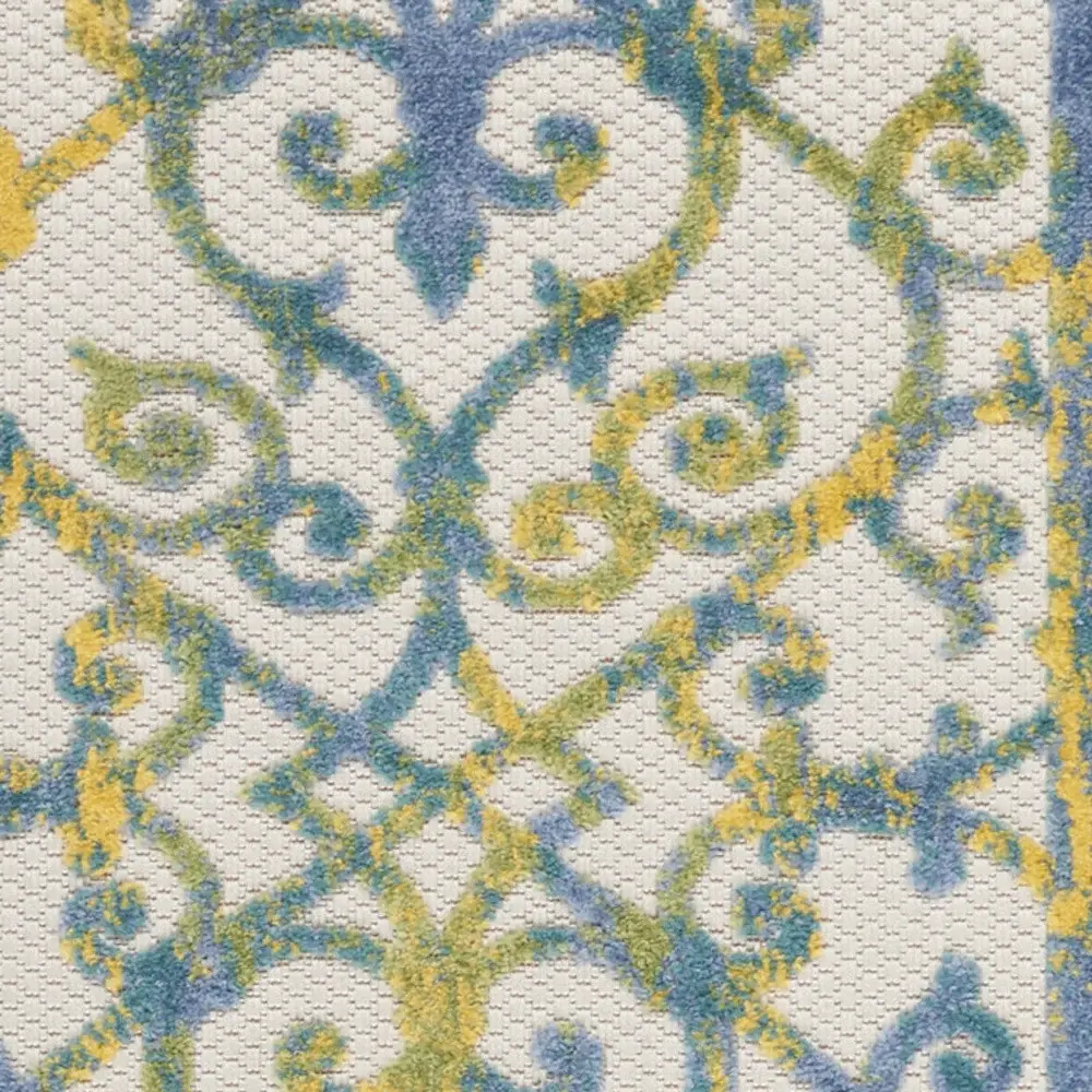 2' X 6' Ivory And Blue Damask Non Skid Indoor Outdoor Runner Rug - Image 2