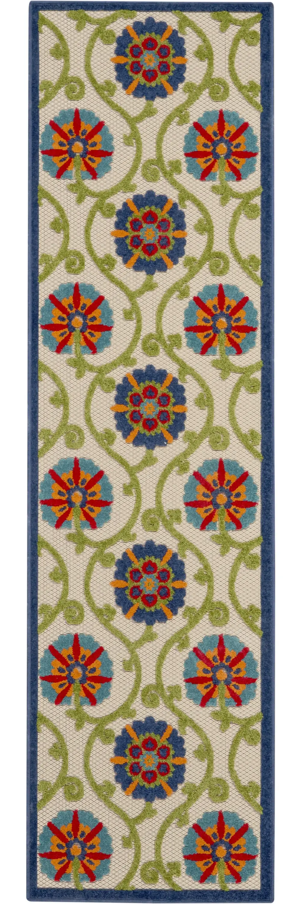 2' X 6' Ivory And Blue Floral Indoor Outdoor Area Rug