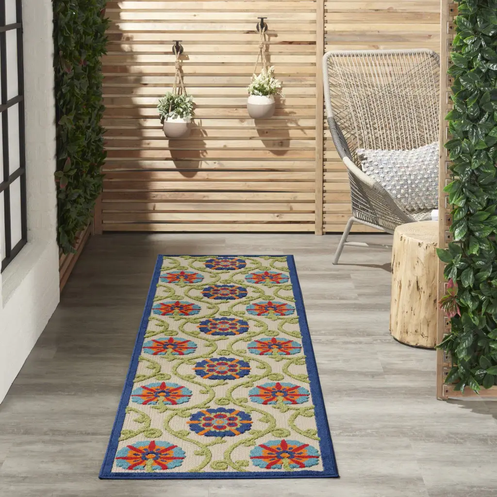 2' X 6' Ivory And Blue Floral Indoor Outdoor Area Rug - Image 3
