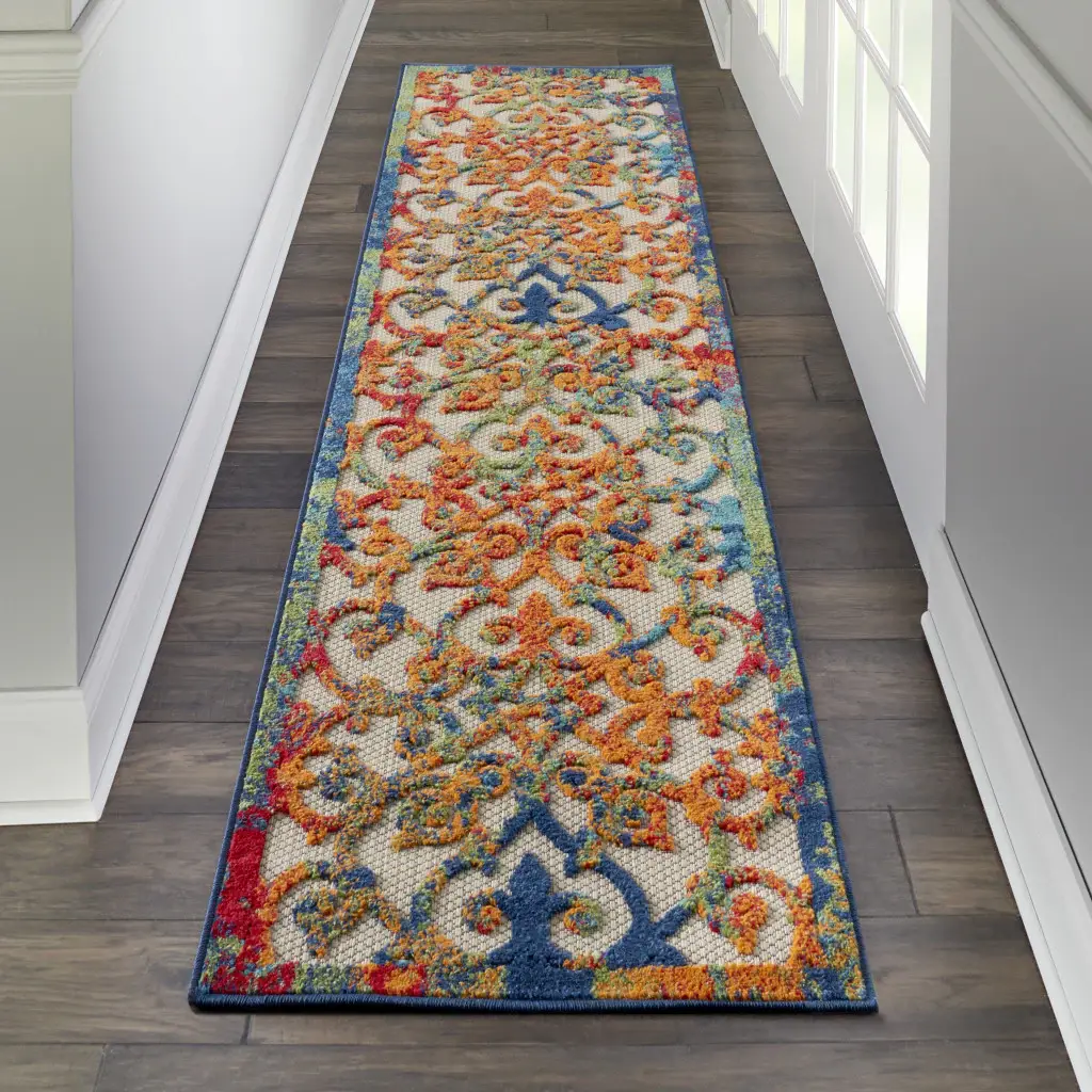 2' X 6' Ivory And Blue Floral Indoor Outdoor Area Rug - Image 2