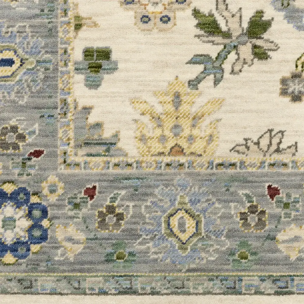 2' X 6' Ivory Blue Grey Teal Gold Green And Rust Oriental Power Loom Stain Resistant Runner Rug With Fringe - Image 2