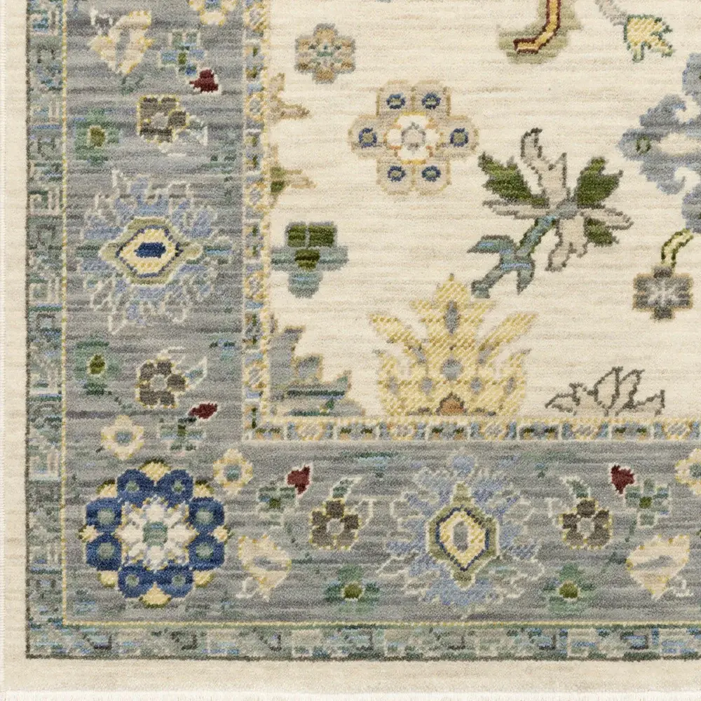 2' X 6' Ivory Blue Grey Teal Gold Green And Rust Oriental Power Loom Stain Resistant Runner Rug With Fringe - Image 3