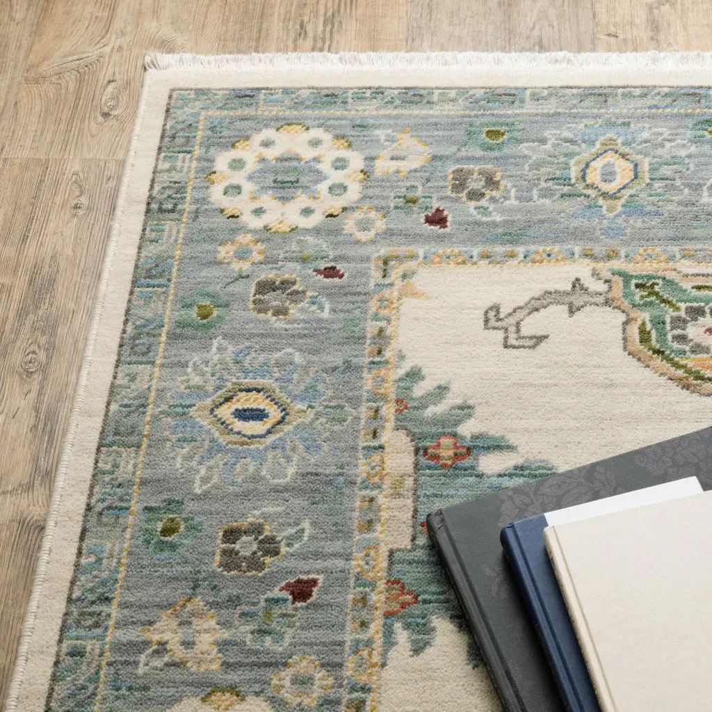 2' X 6' Ivory Blue Grey Teal Gold Green And Rust Oriental Power Loom Stain Resistant Runner Rug With Fringe - Image 5