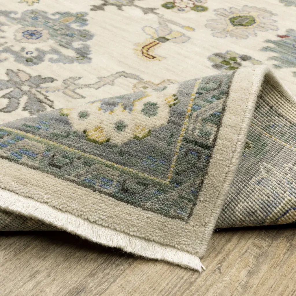2' X 6' Ivory Blue Grey Teal Gold Green And Rust Oriental Power Loom Stain Resistant Runner Rug With Fringe - Image 6