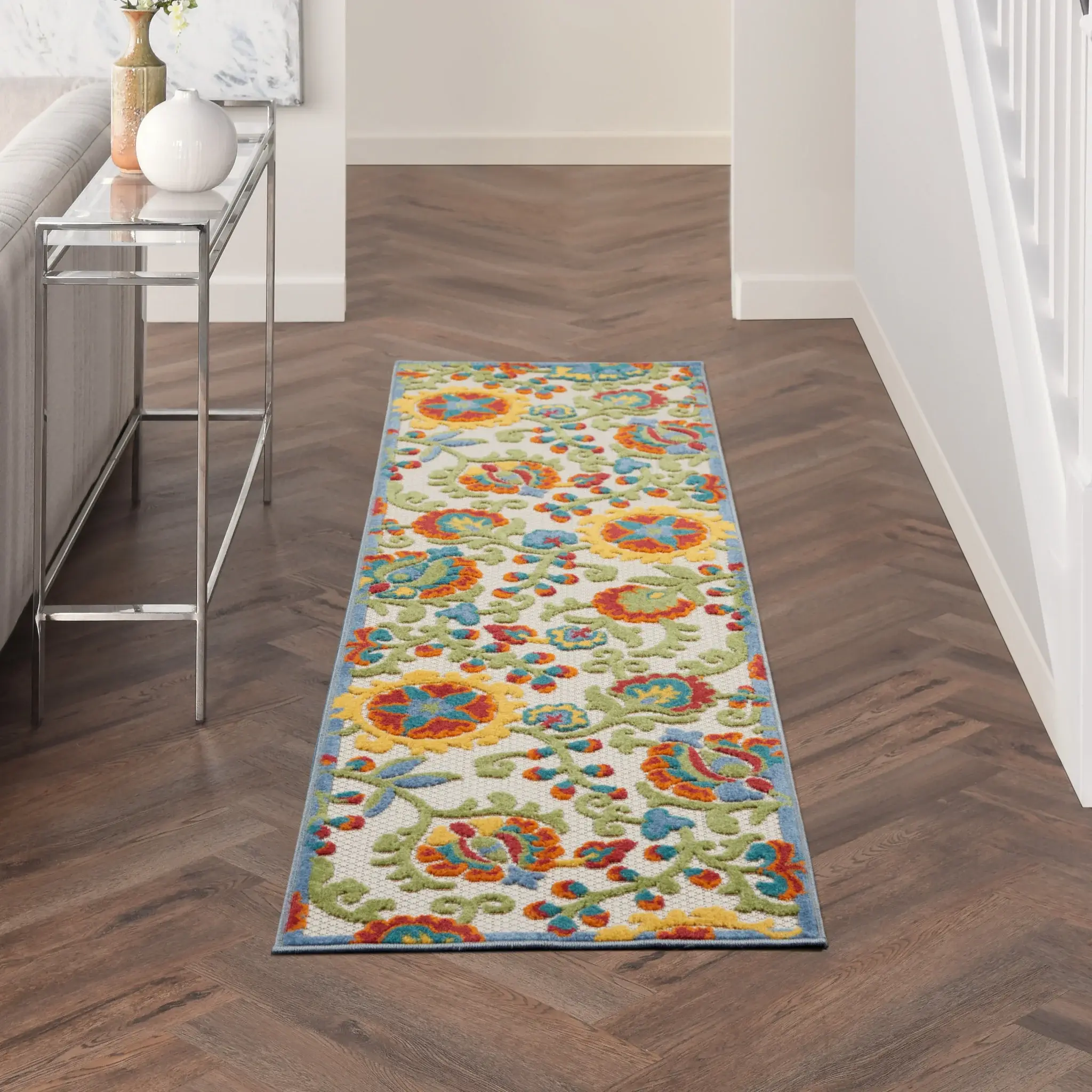 2' X 6' Ivory Green Yellow Floral Non Skid Indoor Outdoor Runner Rug - Image 8