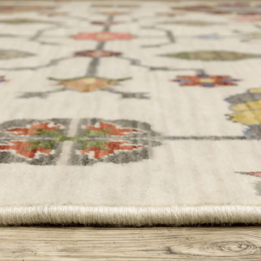 2' X 6' Ivory Yellow Rust Green Grey Pink Orange Blue And Grey Oriental Power Loom Stain Resistant Runner Rug With Fringe - Image 2