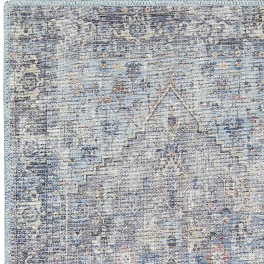 2' X 6' Light Grey And Blue Oriental Power Loom Distressed Washable Runner Rug - Image 3