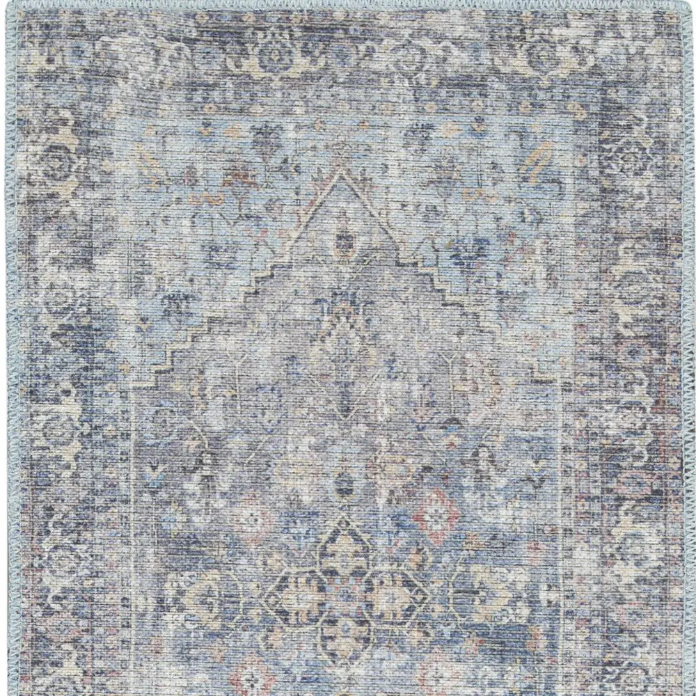 2' X 6' Light Grey And Blue Oriental Power Loom Distressed Washable Runner Rug - Image 4