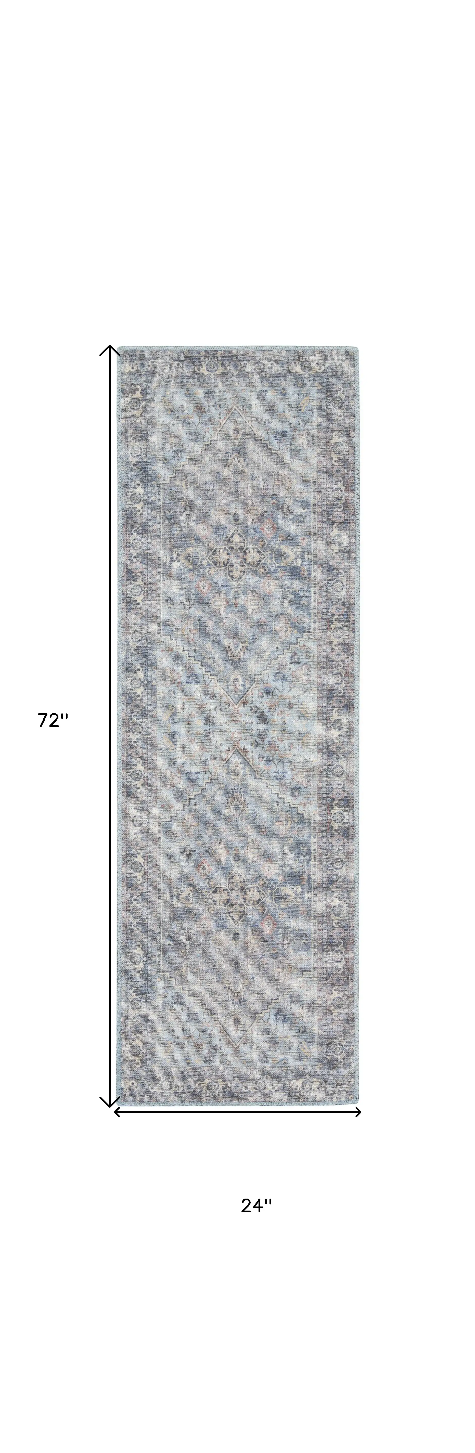 2' X 6' Light Grey And Blue Oriental Power Loom Distressed Washable Runner Rug - Image 5