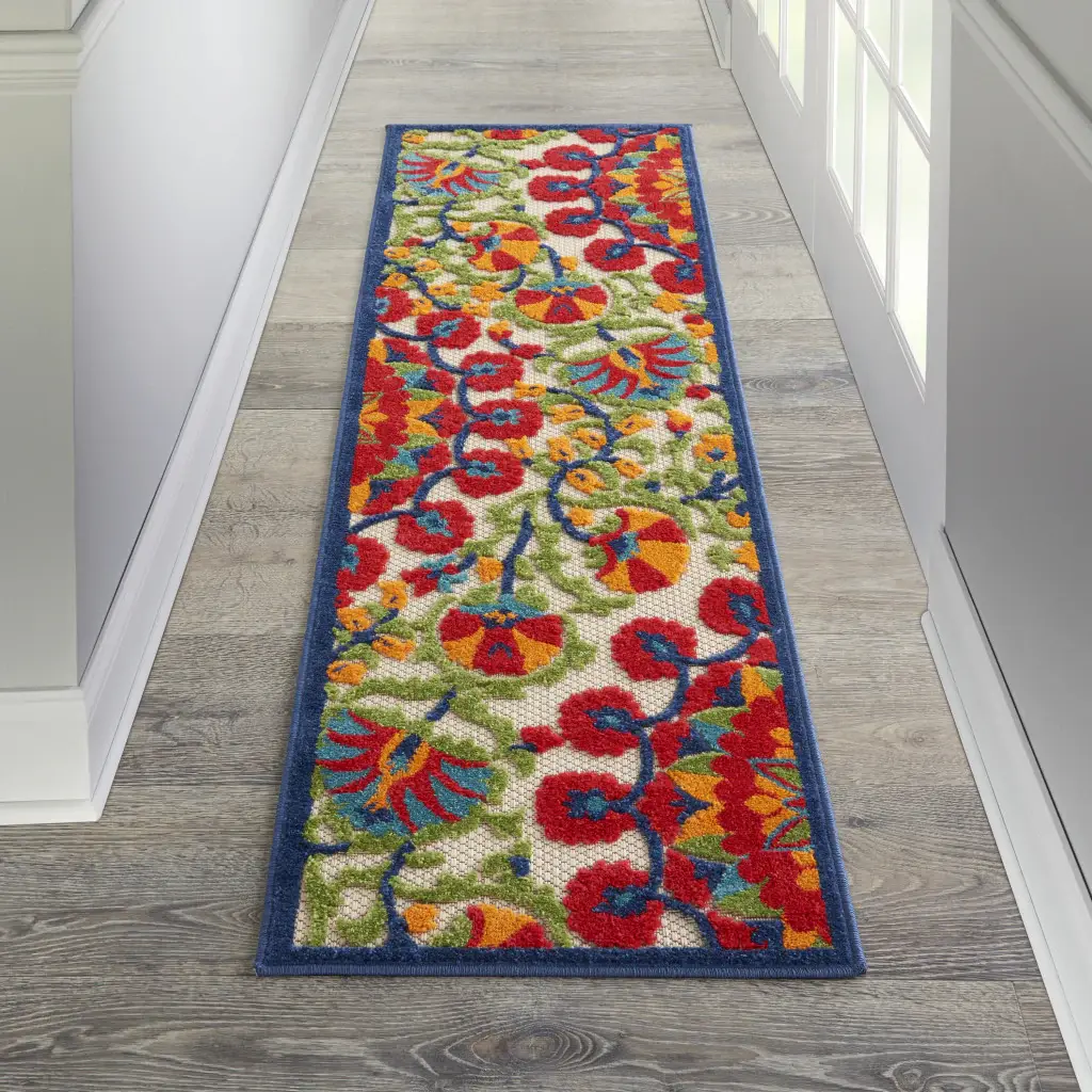 2' X 6' Red And Ivory Floral Indoor Outdoor Area Rug - Image 2