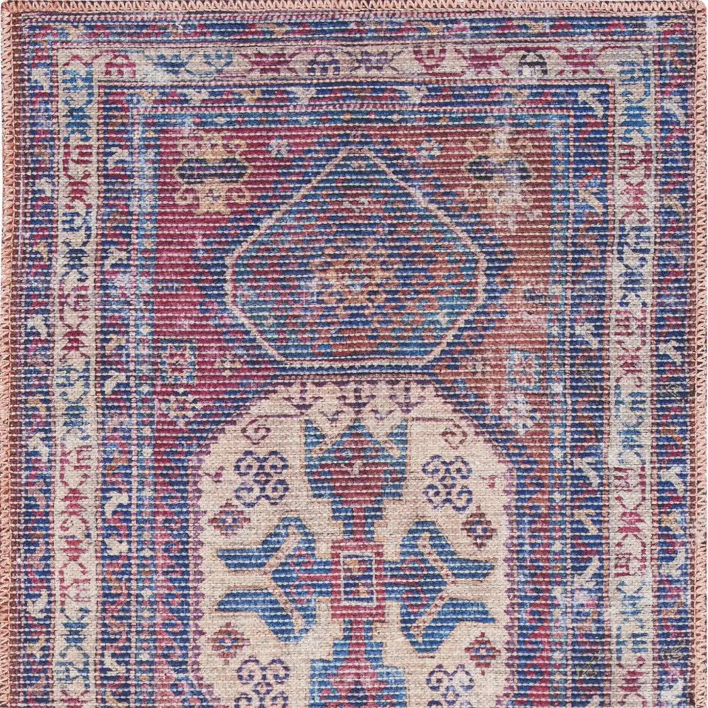 2' X 6' Red And Navy Oriental Power Loom Distressed Washable Runner Rug - Image 4