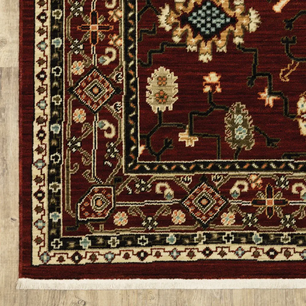 2' X 6' Red Black Ivory And Brown Oriental Power Loom Stain Resistant Runner Rug With Fringe - Image 3