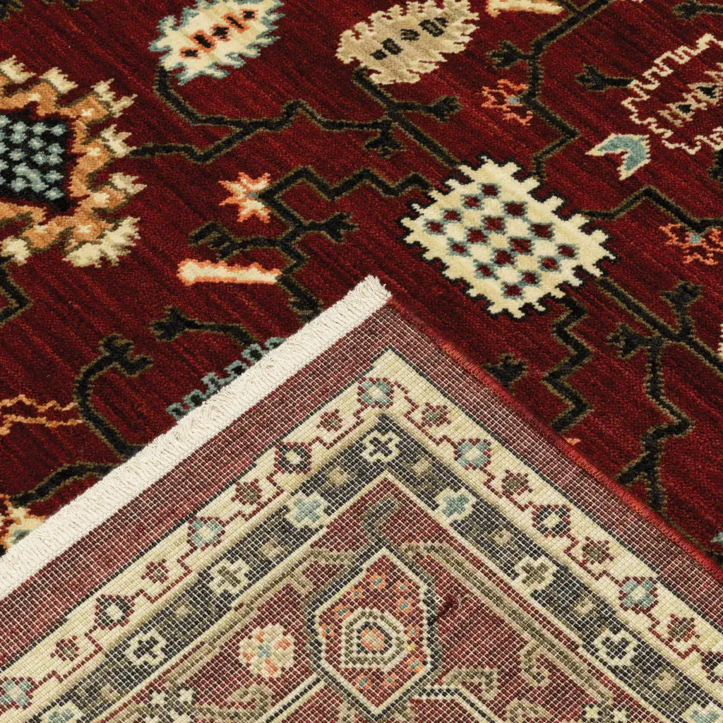 2' X 6' Red Black Ivory And Brown Oriental Power Loom Stain Resistant Runner Rug With Fringe - Image 4