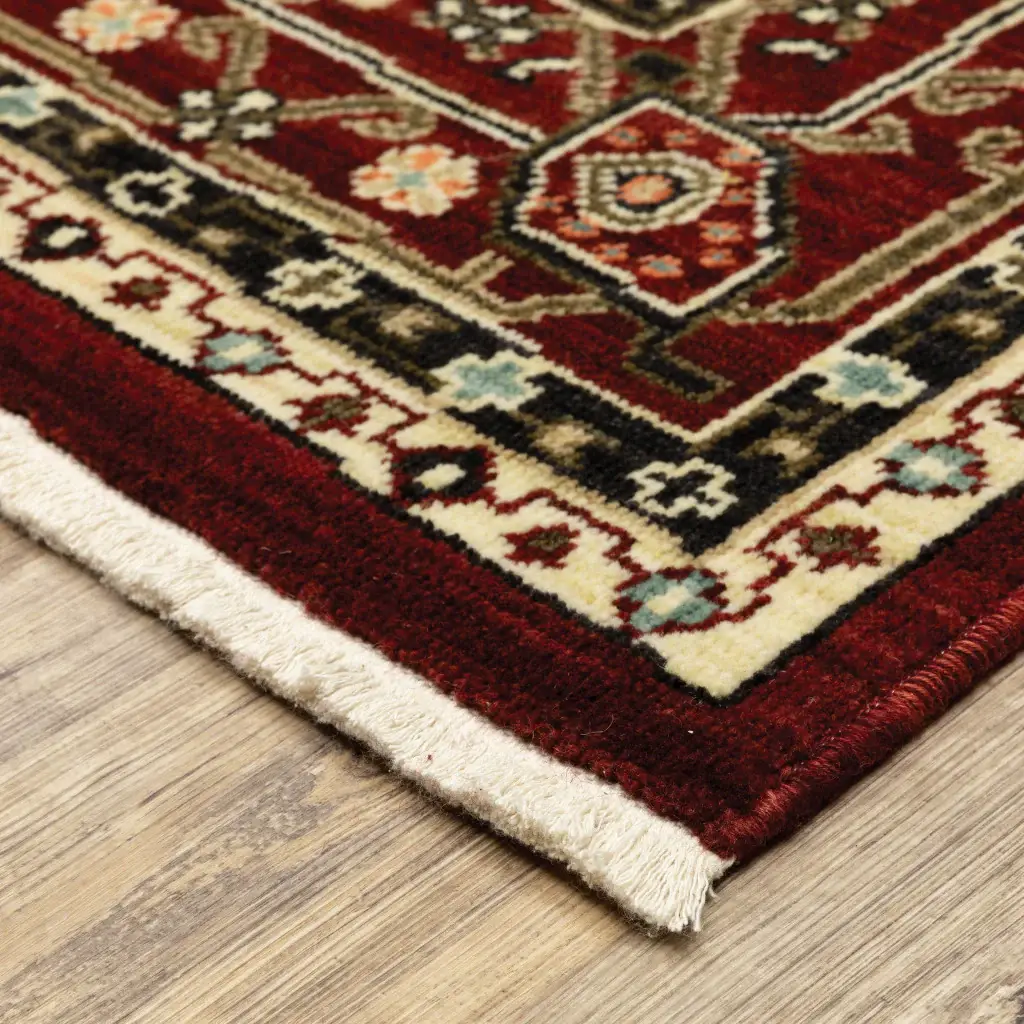 2' X 6' Red Black Ivory And Brown Oriental Power Loom Stain Resistant Runner Rug With Fringe - Image 5