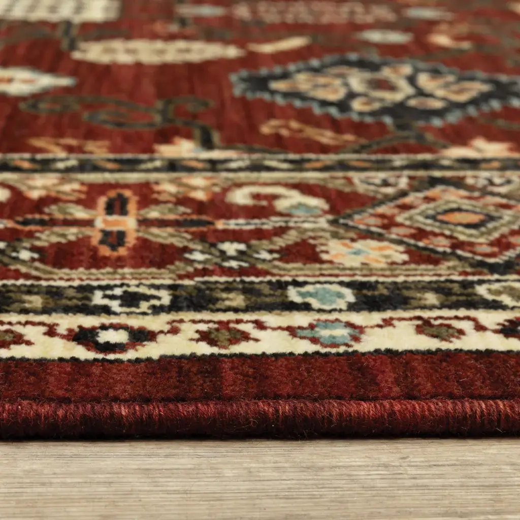 2' X 6' Red Black Ivory And Brown Oriental Power Loom Stain Resistant Runner Rug With Fringe - Image 6