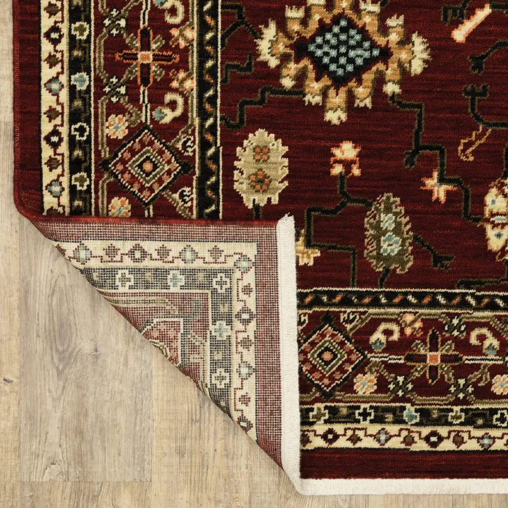 2' X 6' Red Black Ivory And Brown Oriental Power Loom Stain Resistant Runner Rug With Fringe - Image 7