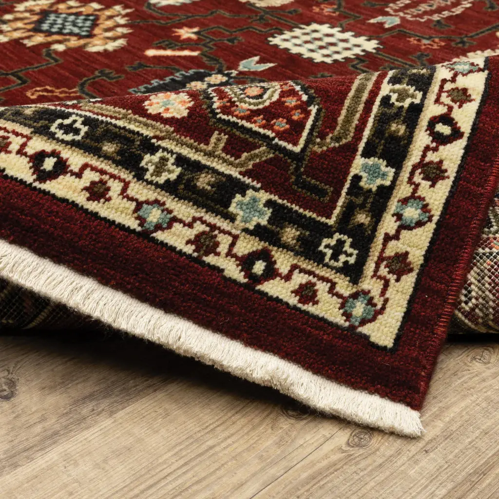2' X 6' Red Black Ivory And Brown Oriental Power Loom Stain Resistant Runner Rug With Fringe - Image 8