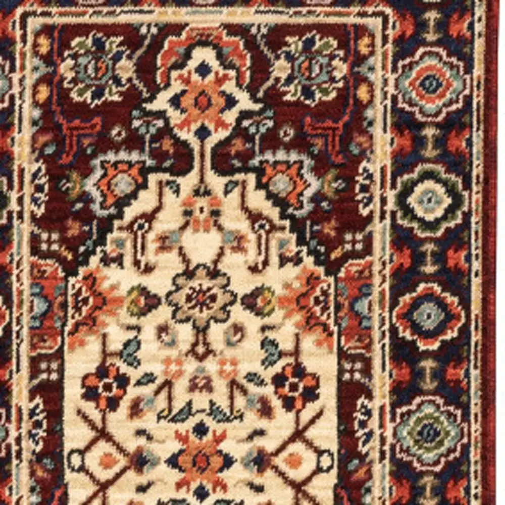2' X 6' Red Ivory Blue And Orange Oriental Power Loom Stain Resistant Runner Rug With Fringe - Image 5