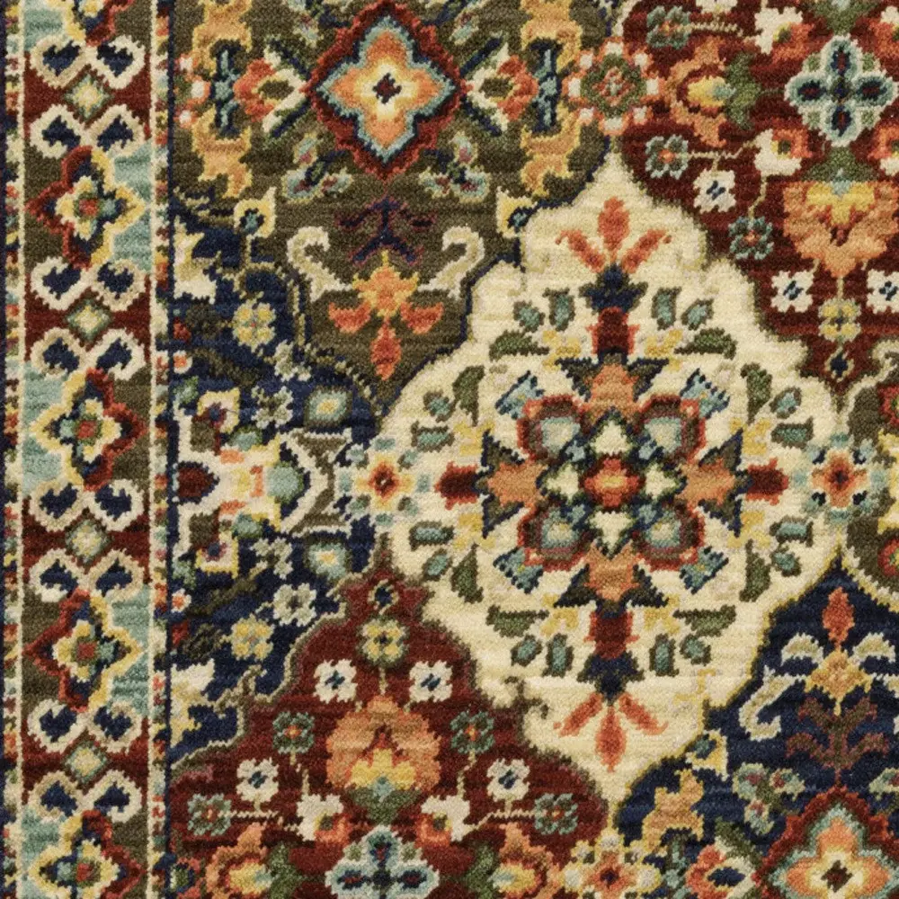 2' X 6' Red Rust Navy Light Blue Brown Orange Ivory And Gold Oriental Power Loom Stain Resistant Runner Rug With Fringe - Image 3