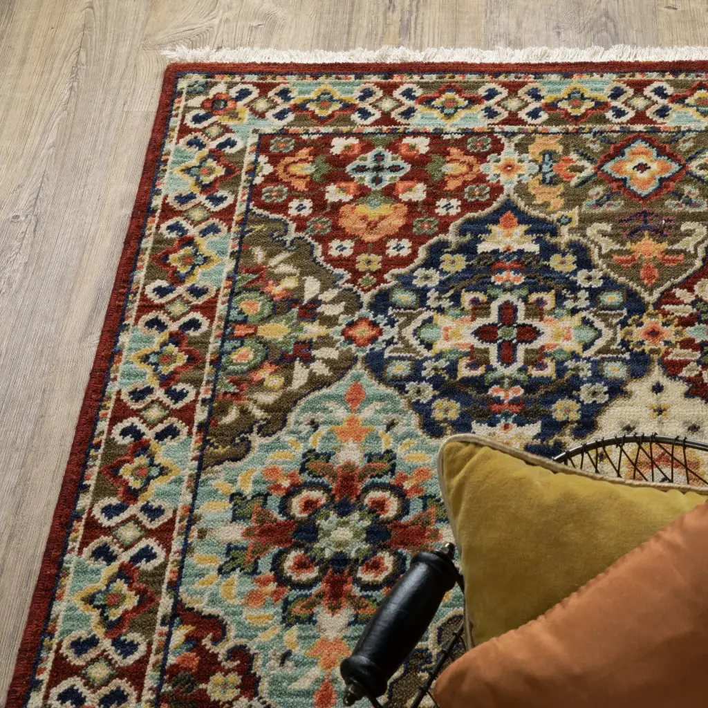 2' X 6' Red Rust Navy Light Blue Brown Orange Ivory And Gold Oriental Power Loom Stain Resistant Runner Rug With Fringe - Image 6