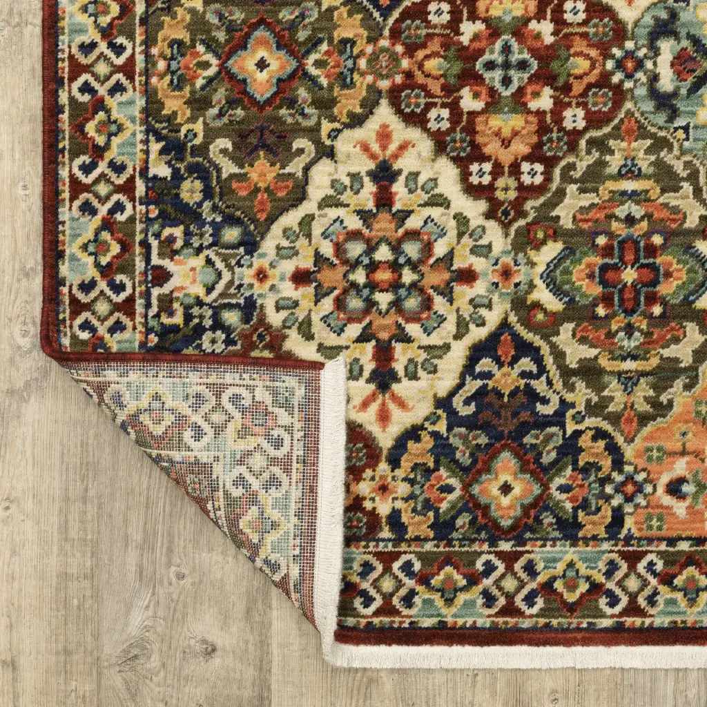 2' X 6' Red Rust Navy Light Blue Brown Orange Ivory And Gold Oriental Power Loom Stain Resistant Runner Rug With Fringe - Image 7