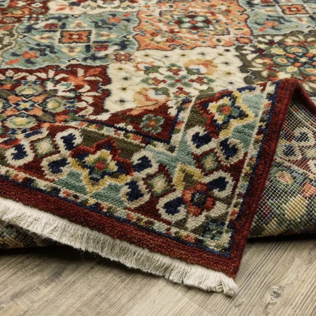2' X 6' Red Rust Navy Light Blue Brown Orange Ivory And Gold Oriental Power Loom Stain Resistant Runner Rug With Fringe - Image 9