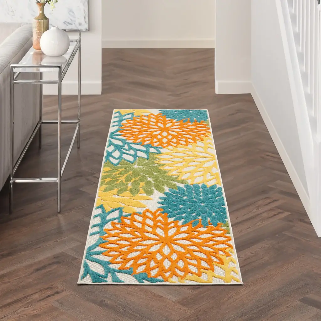 2' X 6' Turquoise Floral Non Skid Indoor Outdoor Runner Rug - Image 8