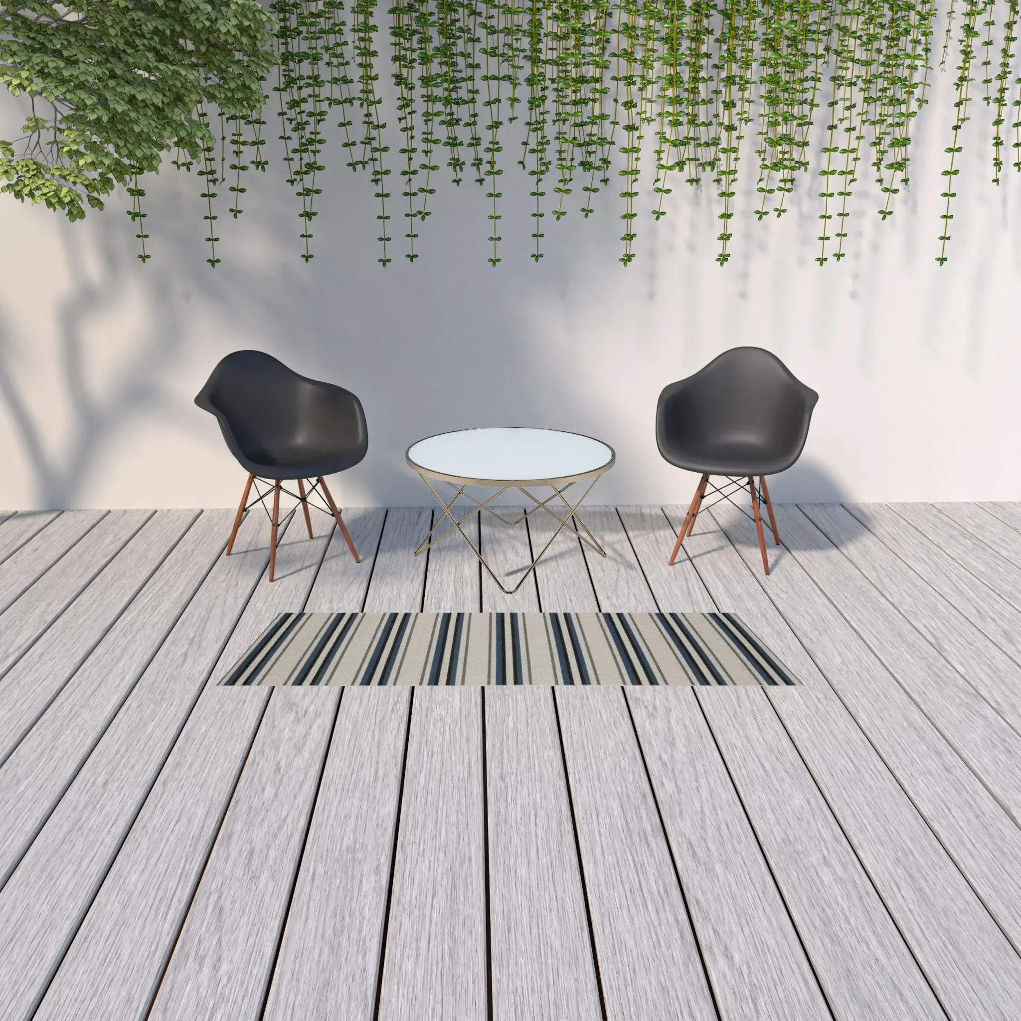 2' X 7' Blue and Beige Geometric Stain Resistant Indoor Outdoor Area Rug - Image 2