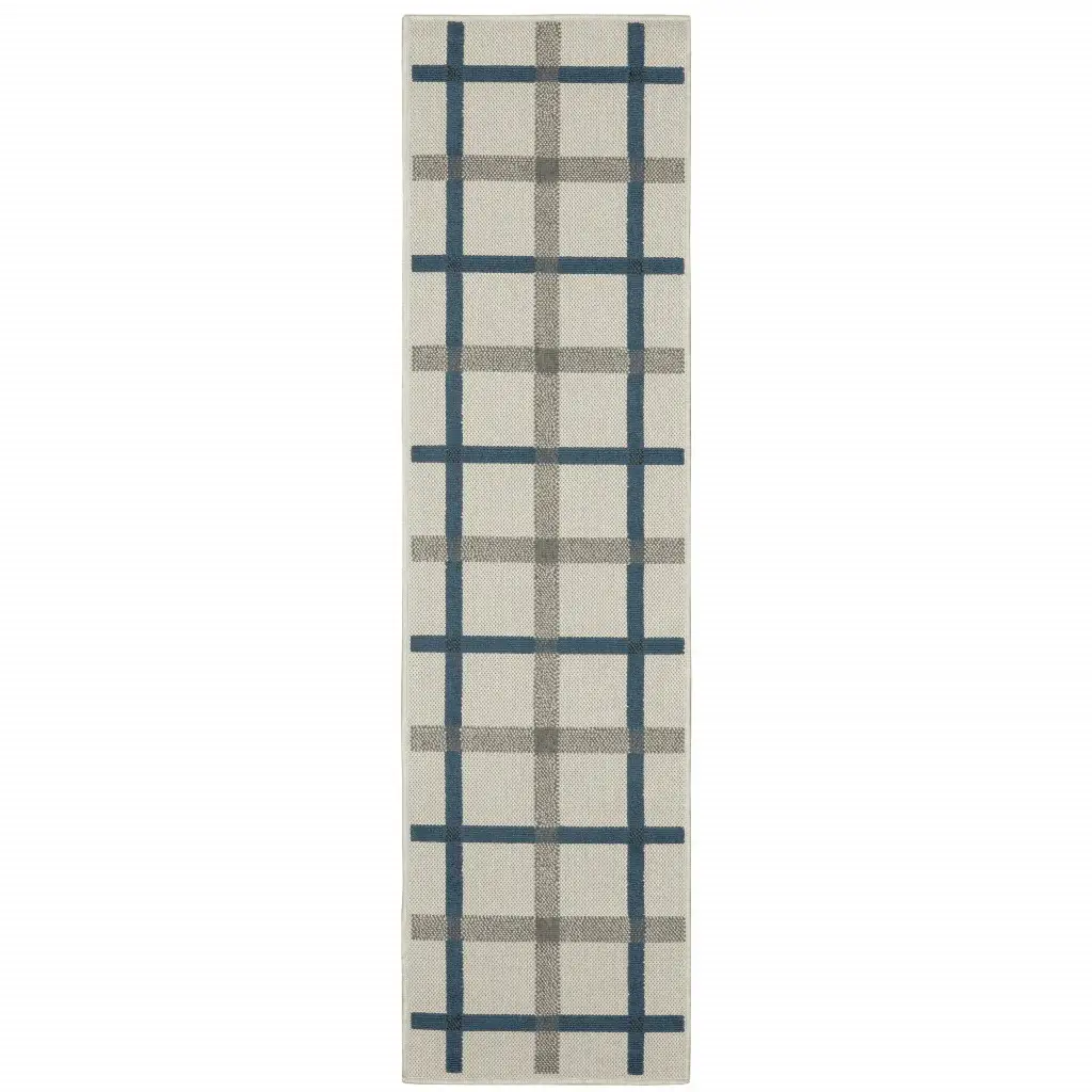 2' X 7' Blue and Beige Geometric Stain Resistant Indoor Outdoor Area Rug