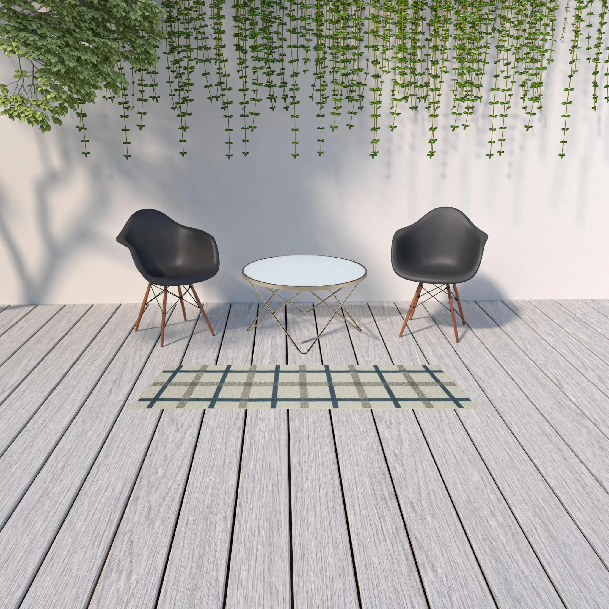2' X 7' Blue and Beige Geometric Stain Resistant Indoor Outdoor Area Rug - Image 2